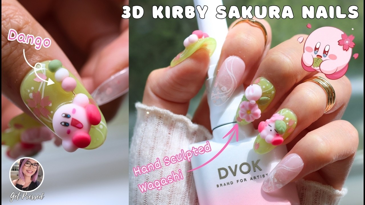 3D Sakura Kirby Nail Tutorial 🌸🍡⭐ - Handsculpted Dango and Wagashi #koreannails #kirby #3dnailart