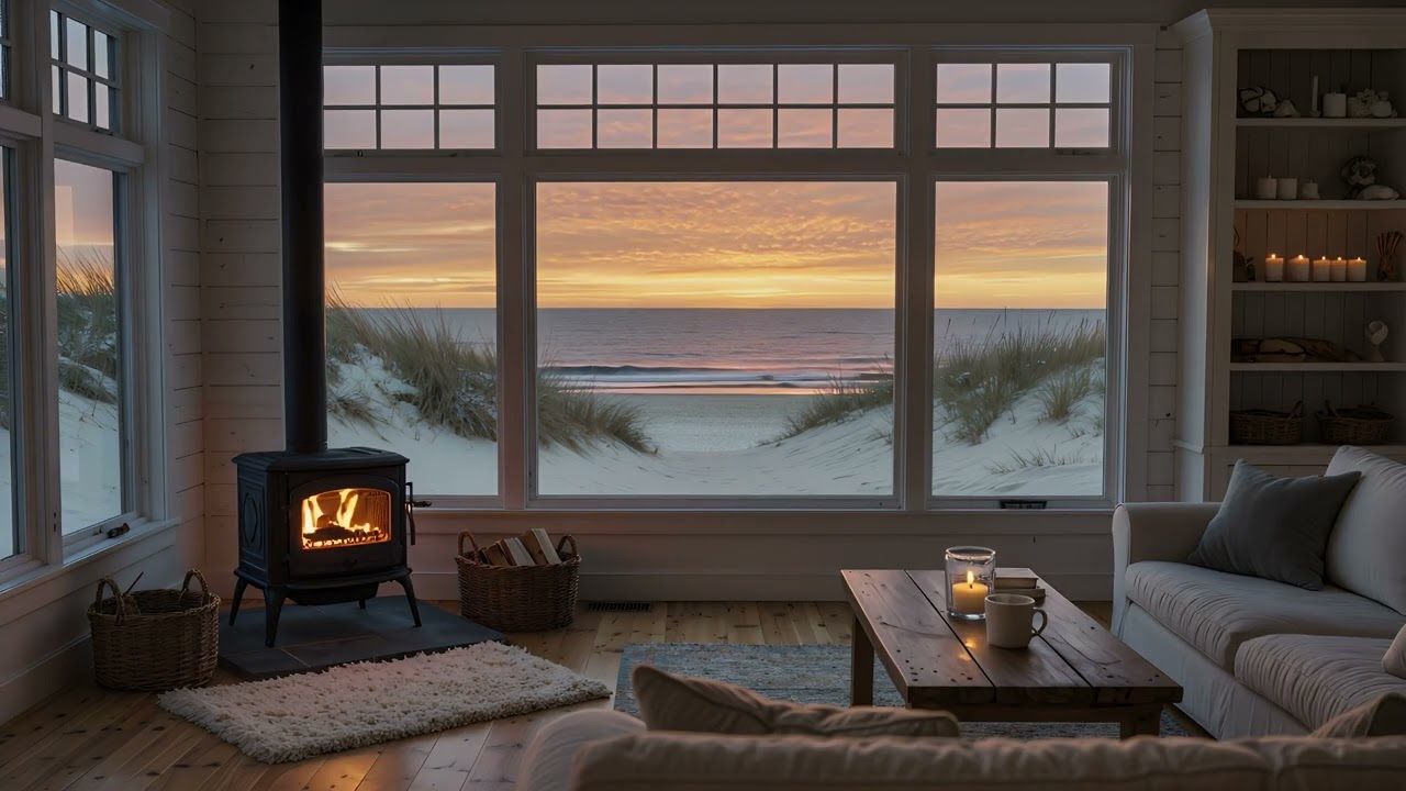 Cozy Beachfront Cabin Fireplace 🔥🌊 | Peaceful Ocean Sunset & Relaxing Ambience