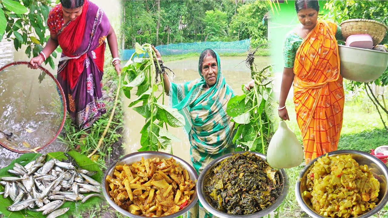 পুকুরে ছাকনি জাল দিয়ে আর হাঁড়িতে বাছাই মৌরলা মাছ,পুঁটি মাছ ধরলাম,ঝাল চচ্চড়ি রান্না,লাউ চিংড়ি রান্না