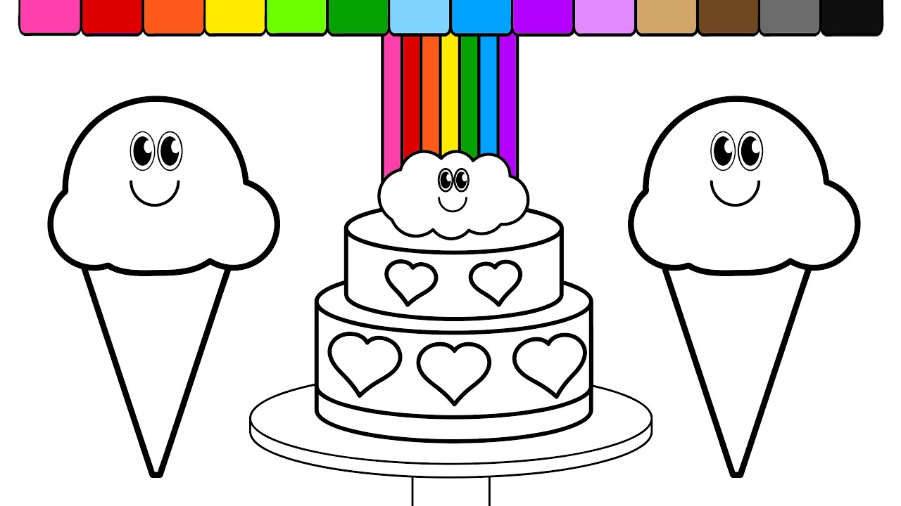 Learn Colors for Kids and Color Rainbow Birthday Cake with Ice Cream Coloring Page