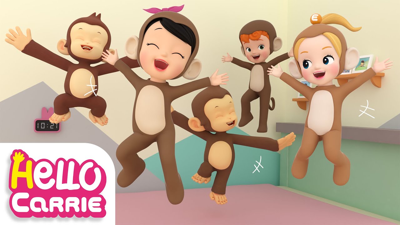 🐵Five Little Monkeys🐵 It's dangerous to jump on the bed | Number Song | Hello Carrie Kids Song