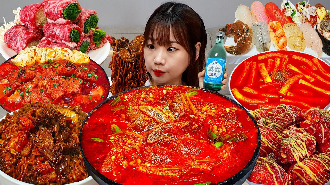 Sub)Real Mukbang- Вкусная еда для голодных 🍱 Острая лапша, Курица, Ттокпокки 🔥 ASMR КОРЕЙСКАЯ ЕДА