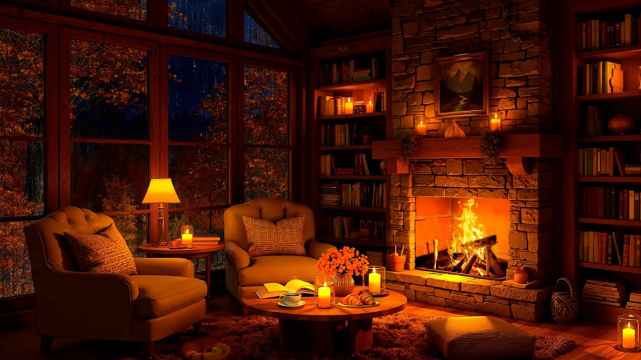 Cozy Autumn Reading Nook Ambience 🍂 Slow Jazz, Gentle Night Rain & Fireplace Sounds for Relaxation