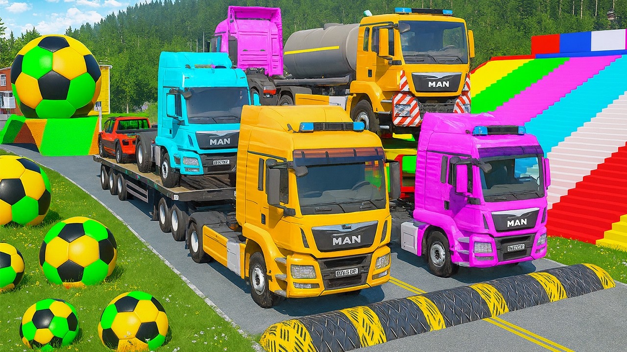 Flatbed Trailer McQueen Transportations with Truck   Cars vs Speed vs Train   BeamNG Drive #66
