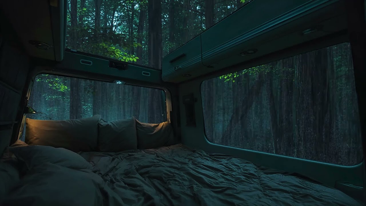 Falling Asleep in a Camping Car | Rainy Night & Thunderstorm Sounds for Deep Sleep ASMR