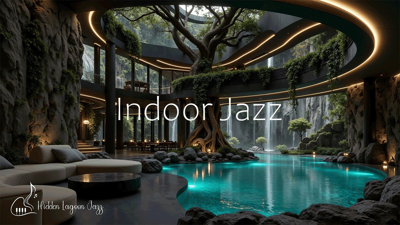 Indoor Living Ambience Jazz By Waterfall View | Smooth Jazz Background For Focus & Calm Mind