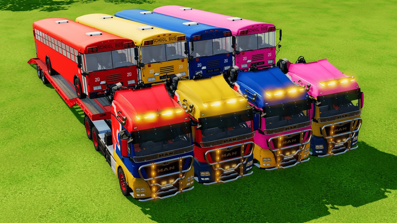 MAN Truck Trailer Transporting School Bus to the Colorful Garage | FS22