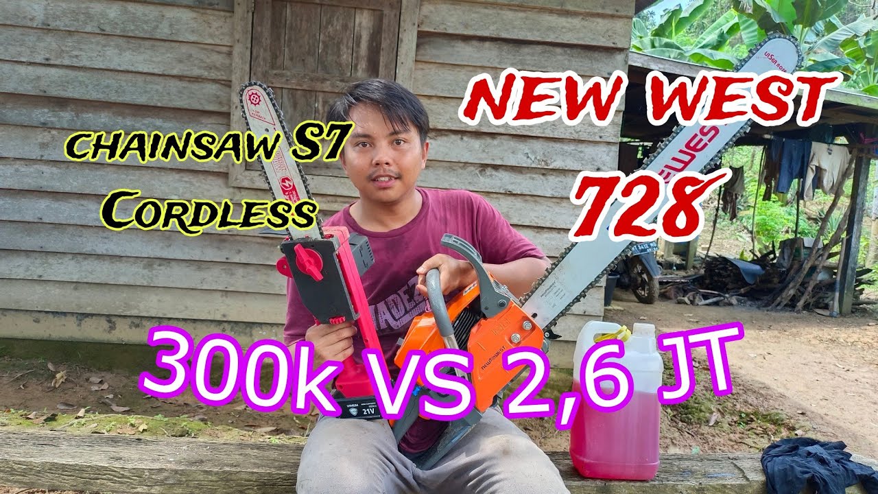 Review test potong tunggul kayu dikebun dengan mesin chainsaw new west 728