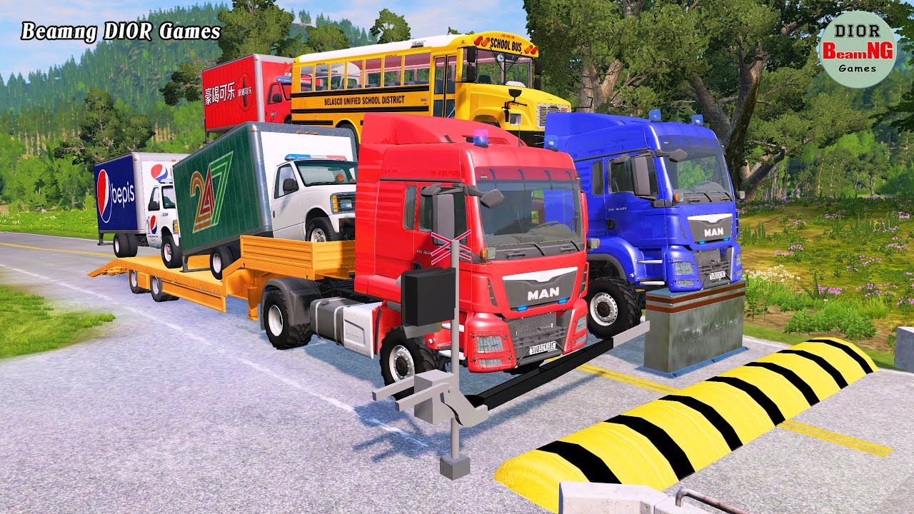Double Flatbed Trailer Truck vs speed bumps|Busses vs speed bumps|Beamng Drive|1264