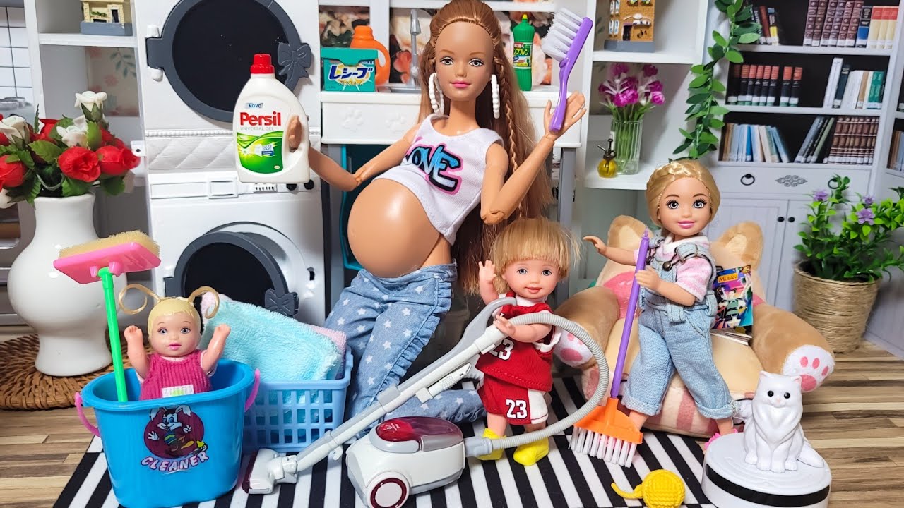 Barbie Midge & Ken Doll Happy Family House Cleaning Morning Routine 🧺🧹 바비 켄 첼시 토미 인형 가족 집 대청소 아침일상!