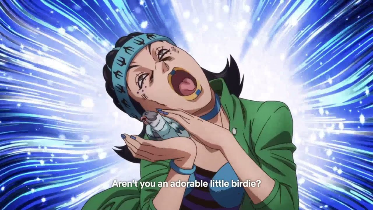Gwess talks to her pigeon STONE OCEAN