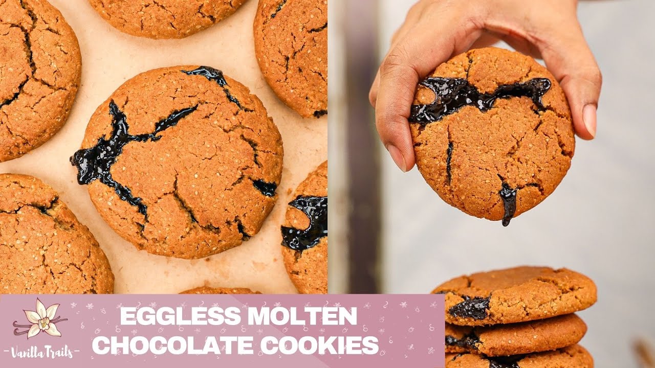 Eggless Molten Chocolate Cookies made with WholeWheat flour, Oats & Jaggery! No Maida or white sugar