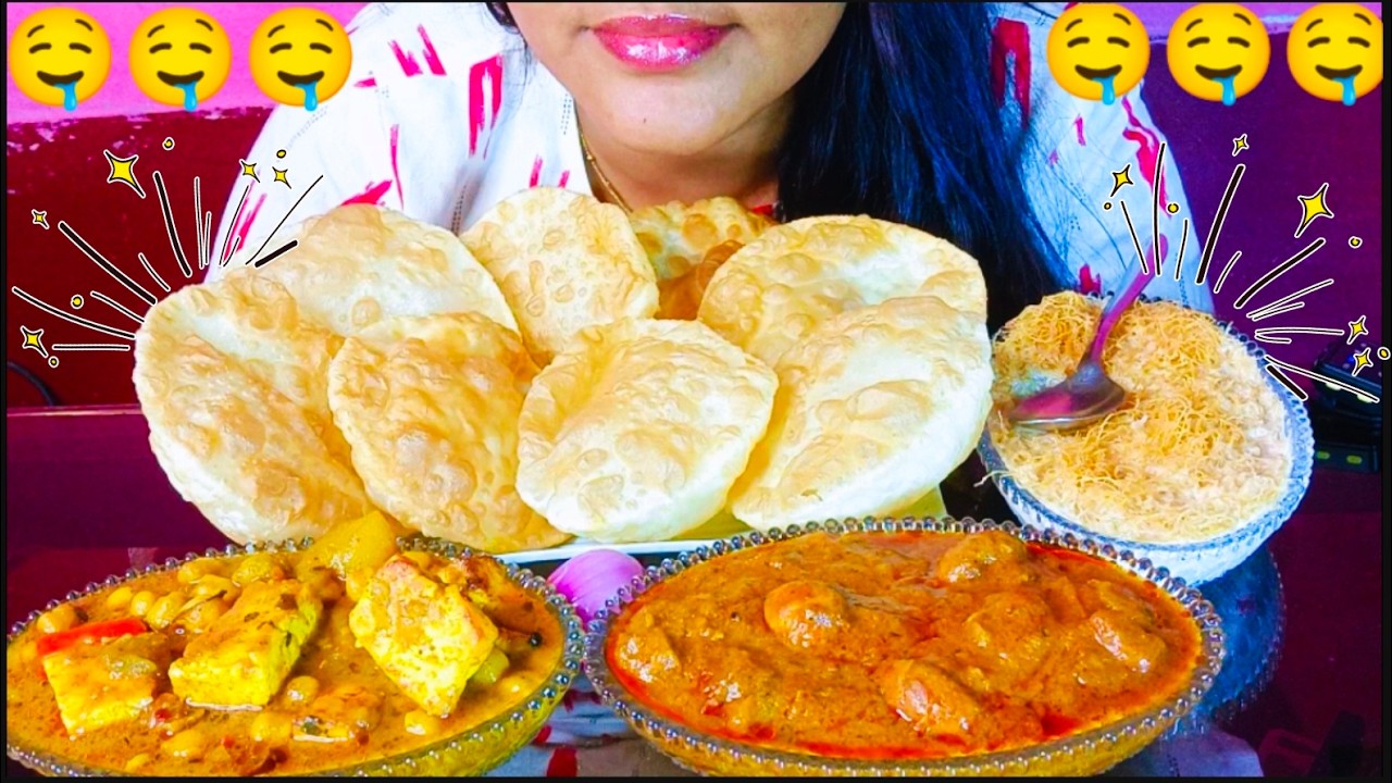 ASMR EATING: Spicy Mushroom Tikka Masala, Paneer Chole Masala and Lots of Soft Luchi.. Big Bites..