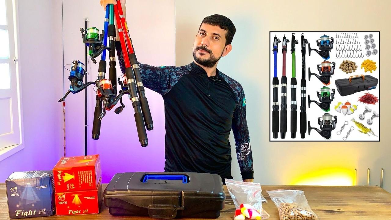 ( GASTEI POUCO E OLHA O QUE VEIO ) Kit de Pesca da Shopee com 4 Varas e 4 Molinetes – Vale a Pena?