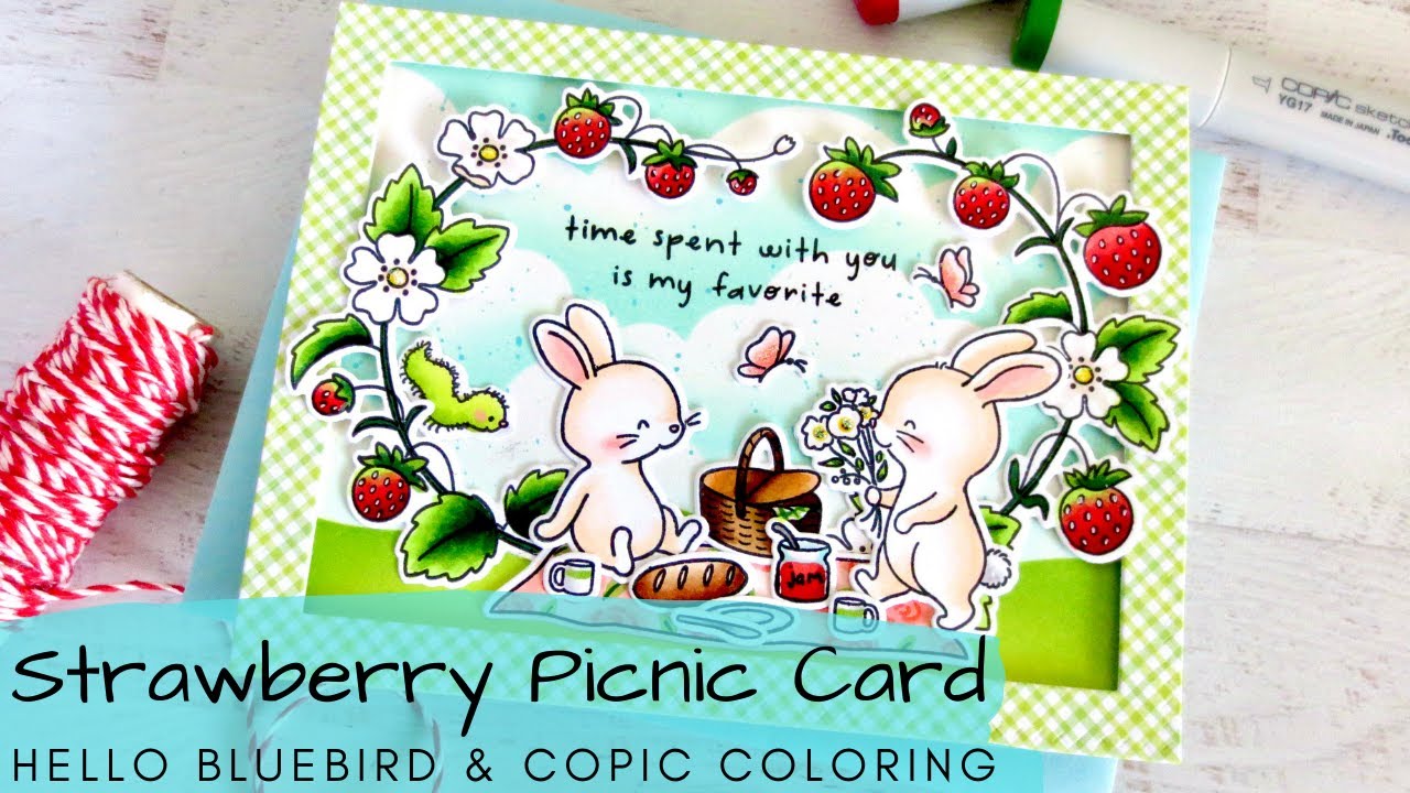 Strawberry Picnic Card | Hello Bluebird | Copic Coloring + Distress Oxide Inks