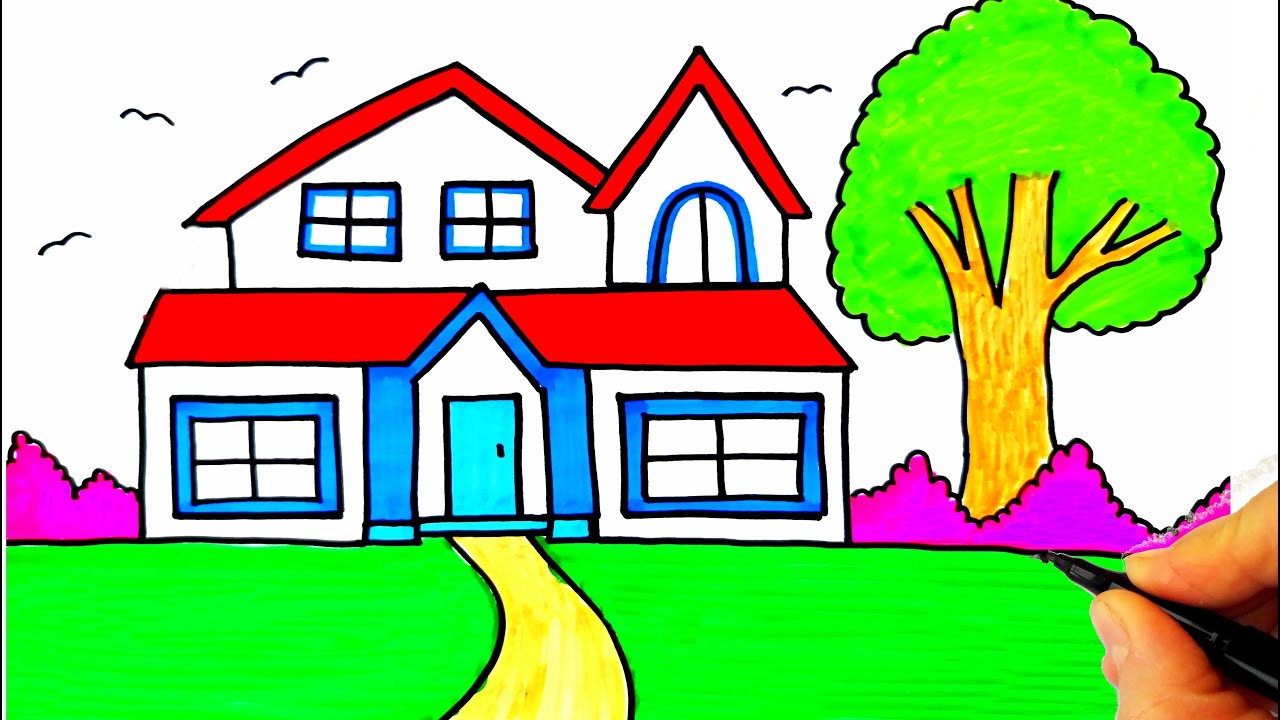 Kolay Ev ve Ağaç Çizimi 🌾 Kolay Manzara Resmi Çizimi 🌳 Doğa Resmi Çizimi - House and Tree Drawing