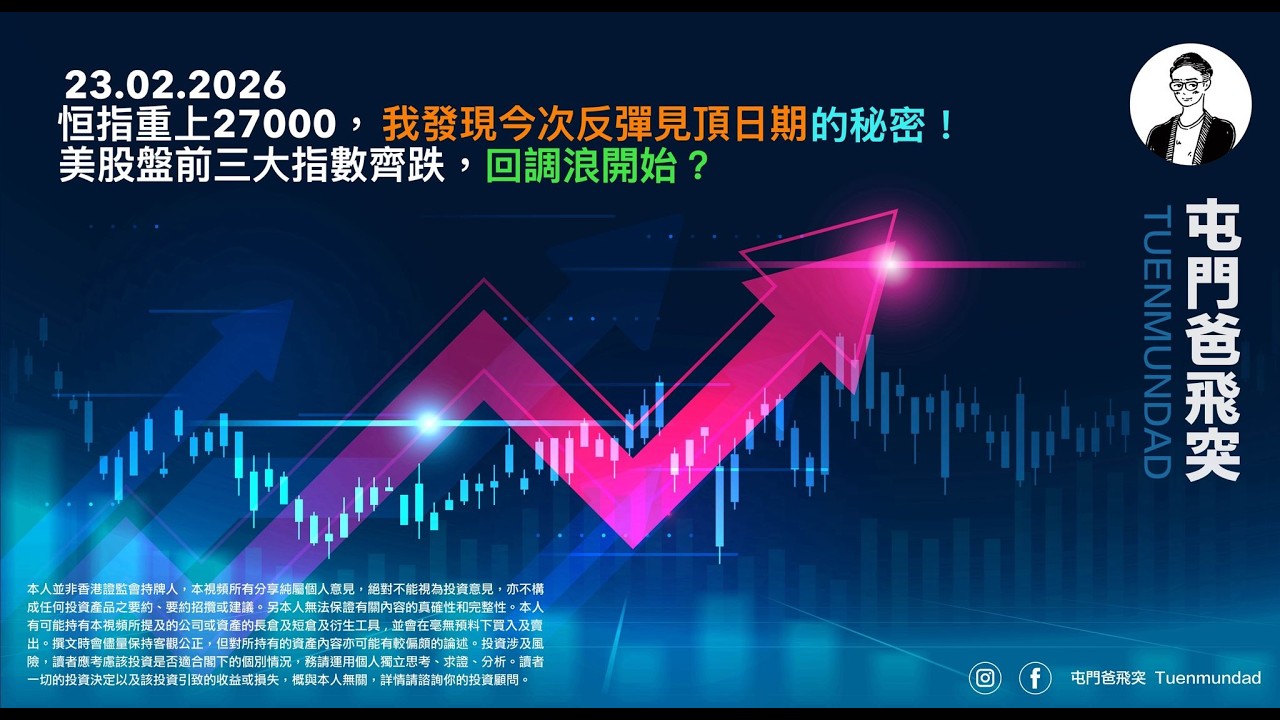 2026年2月23日 恒指重上27000，我發現今次反彈見頂日期的秘密！美股盤前三大指數齊跌，回調浪開始？
