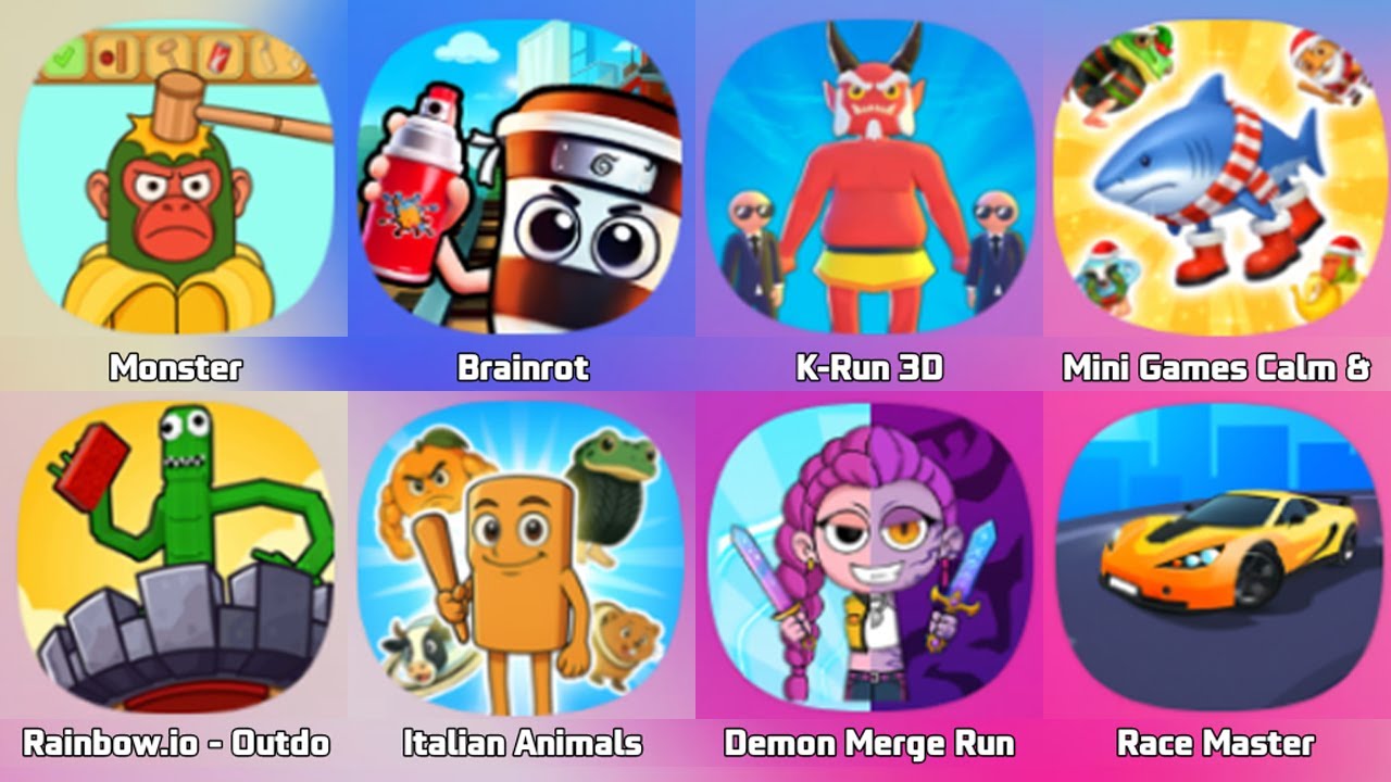 Monster Transformer, Brainrot Runner, Subway Rush, Demon Kop Merge Run, Race Master, Rainbow.io