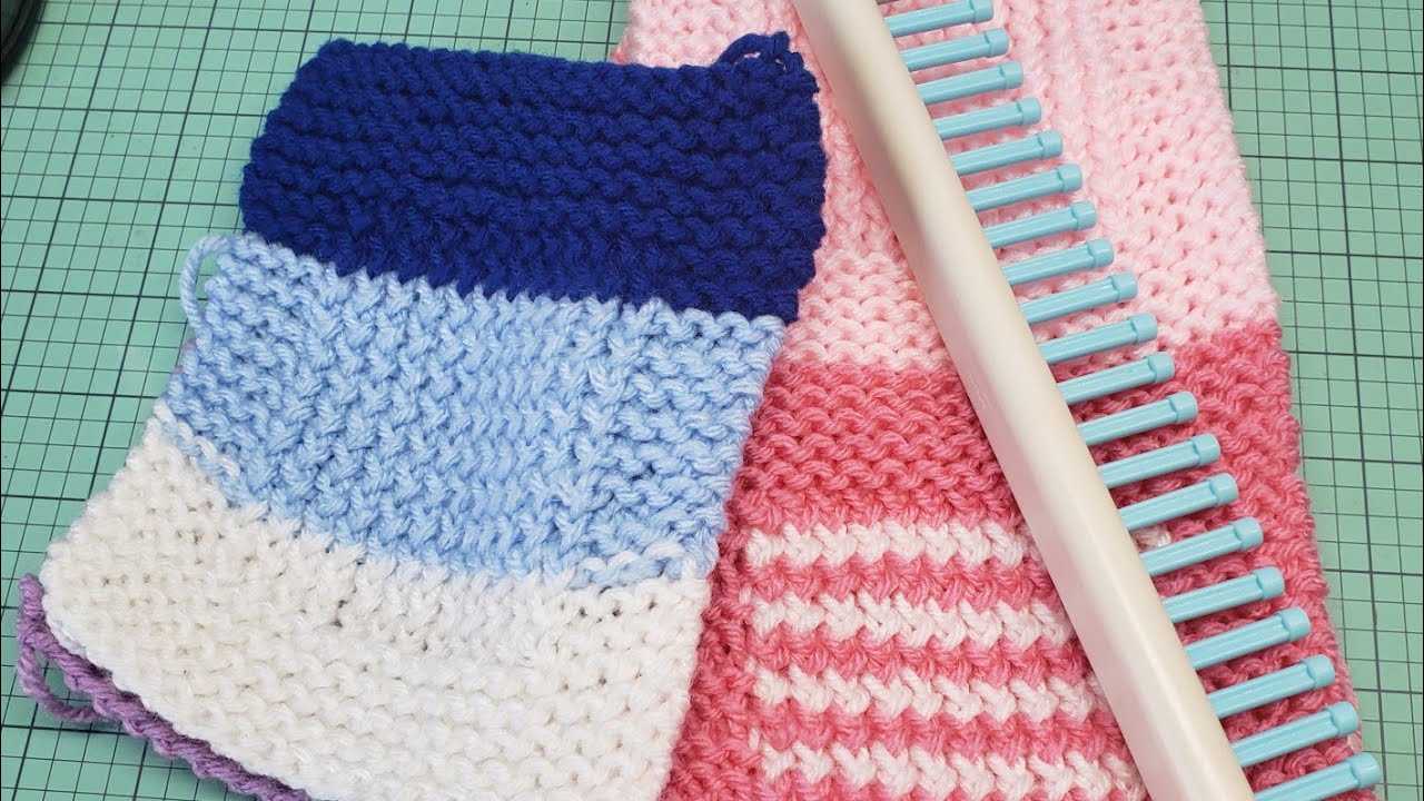 Loom knit Project & PROCESS (1)- squares with a border edge(scrap yarn blanket)