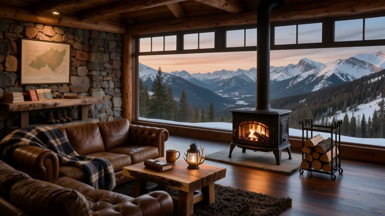 Mountain Wood Stove 🏔️🔥 | Cabin Living Room Overlooking an Alpine Valley at Sunset