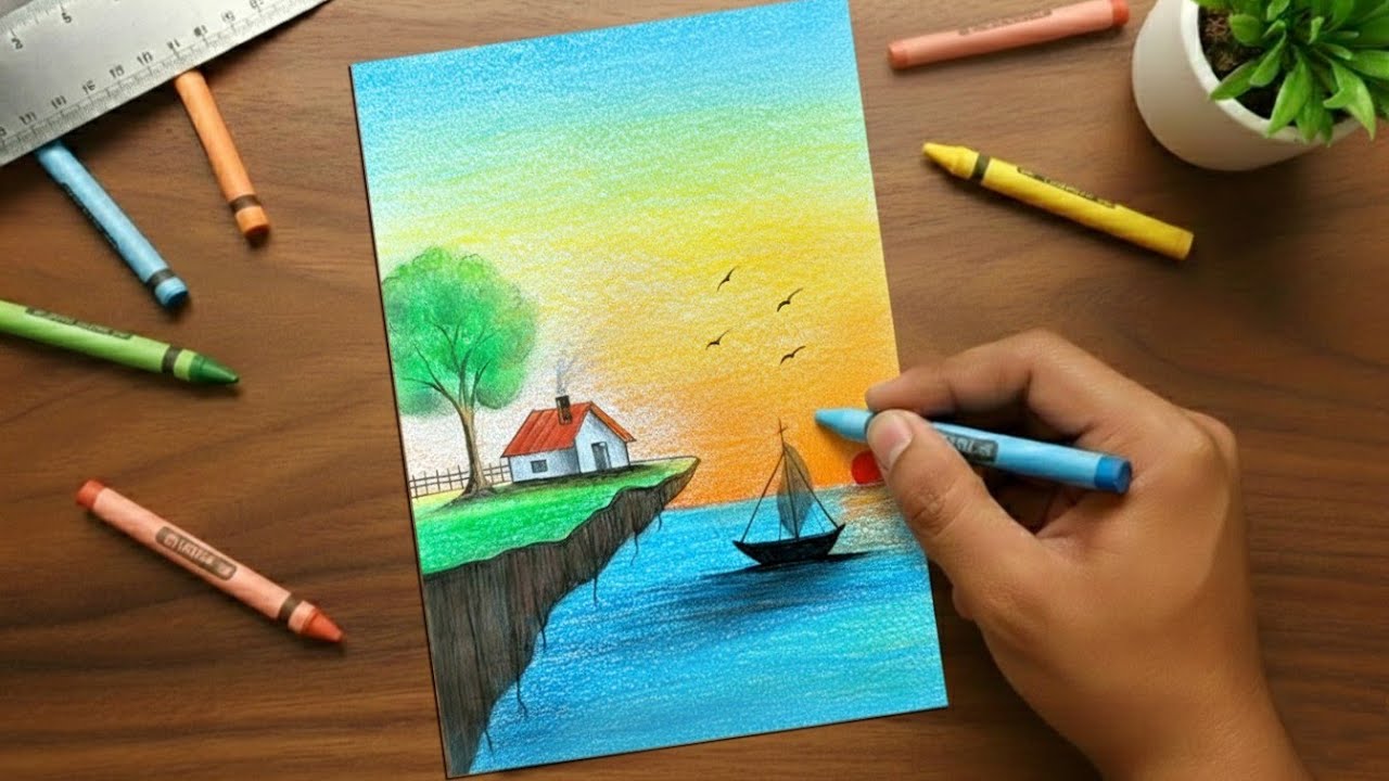 Relaxing Crayon Scenery Drawing 🌿 | Simple Landscape Art Step by Step