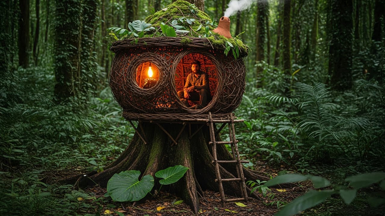 Man Built a Cozy Nest in the Giant Tree | From Start to Finish by @norusarubushcraft