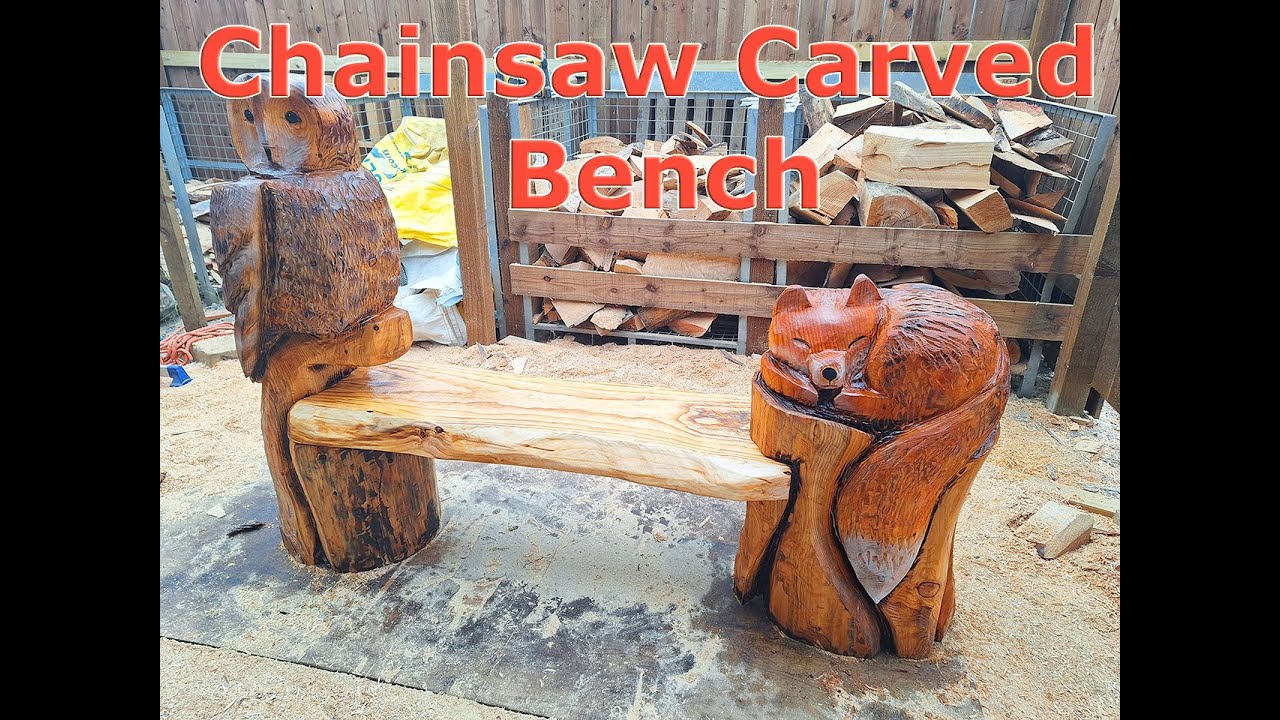 Chainsaw Carving - Owl & Fox Bench