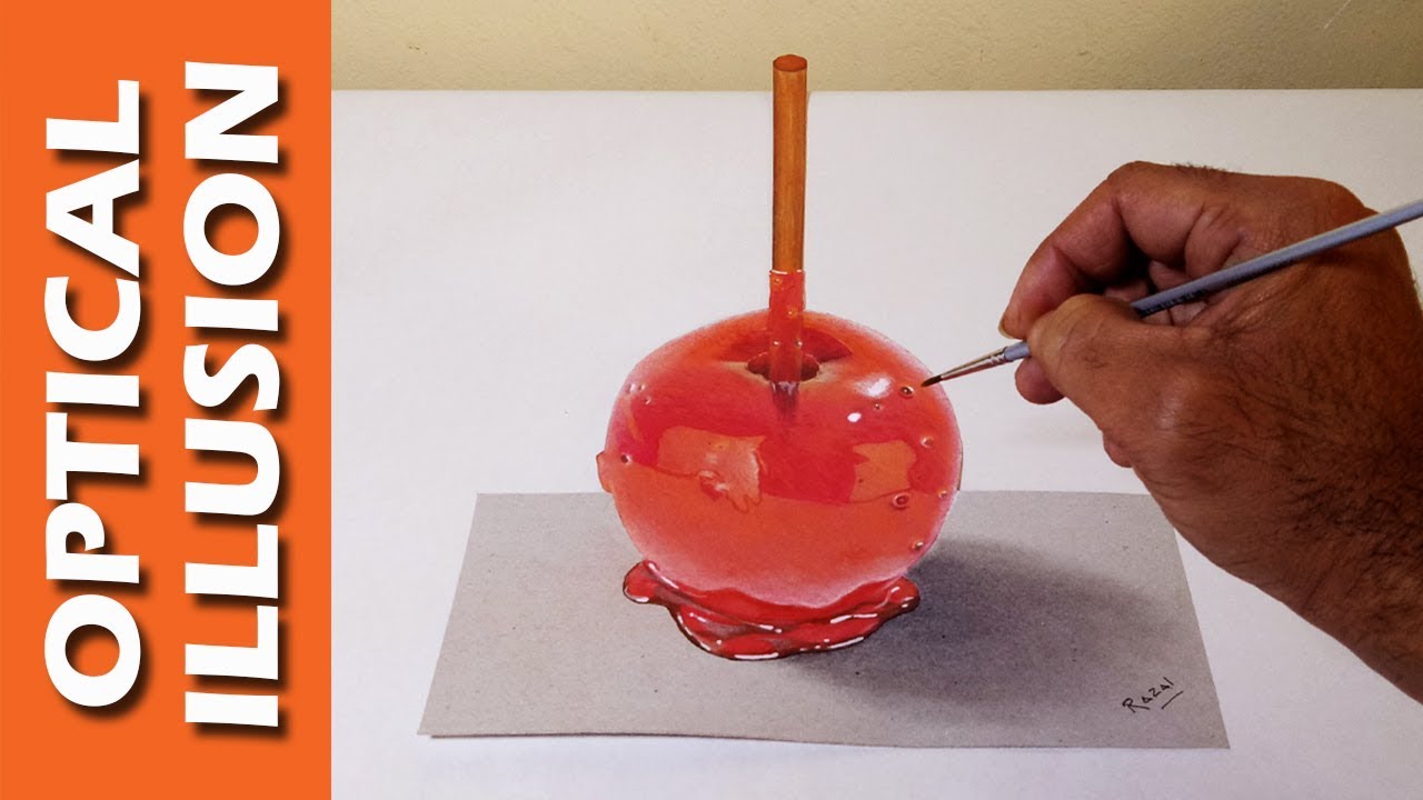 How to Draw and paint A 3D illusion Candy Apple on paper | Amazing 3D Drawings Art
