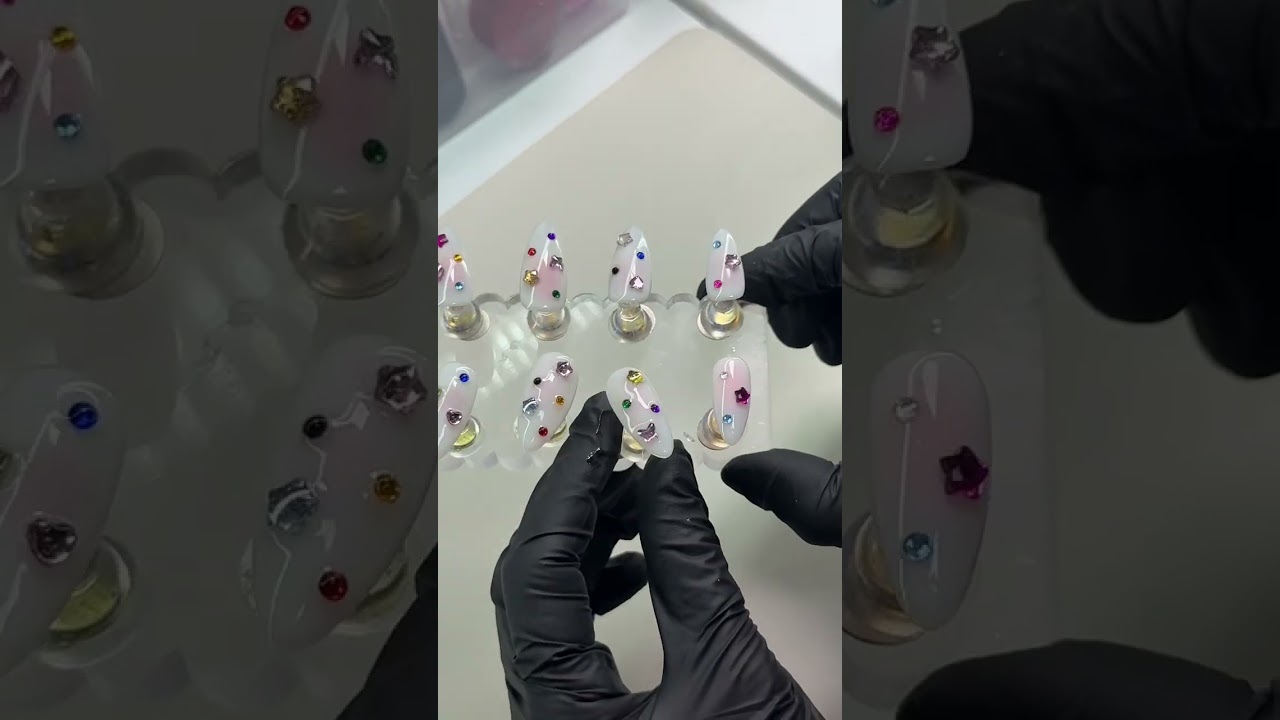 컬러 스톤 포인트 네일팁 제작 💎 | 글로시 화이트 베이스 | 키치 무드 프레스온네일