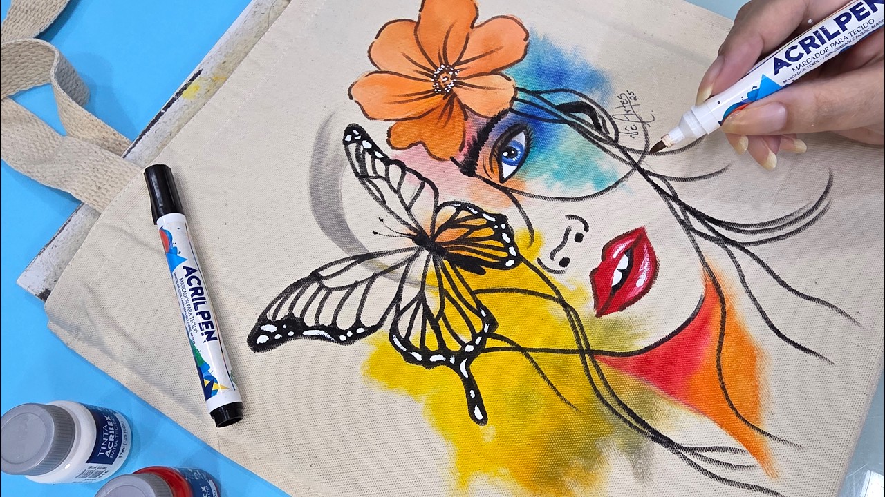Ecobag pintada à mão com borboleta e flores | Arte em tecido com produtos Acrilex
