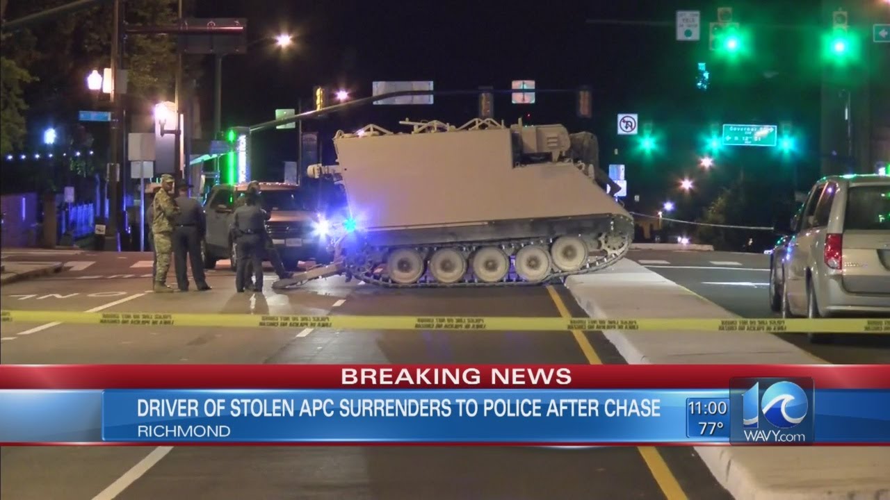Suspect in stolen armored military vehicle surrenders to police in Richmond