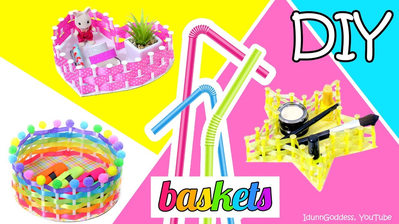 How To Make Star, Heart and Round Baskets Using Drinking Straws And Ribbons – Easy DIY Baskets