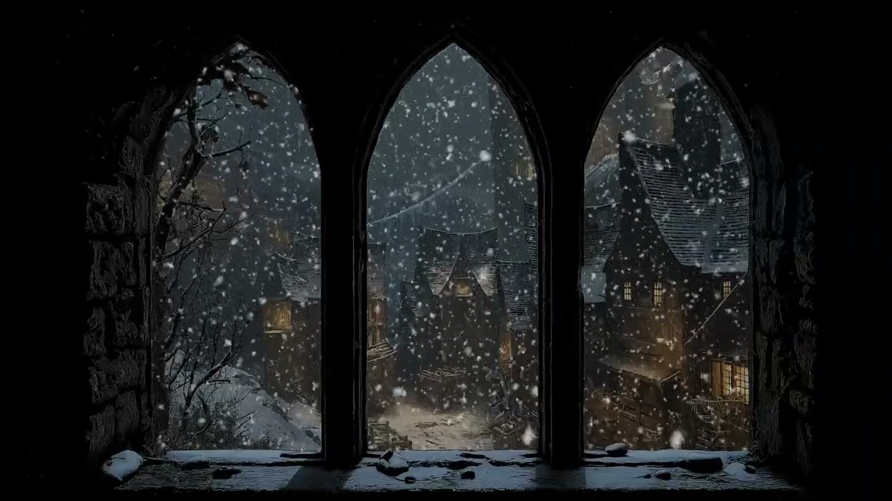 Medieval Winter Window | Howling Wind & Falling Snow for Deep Sleep