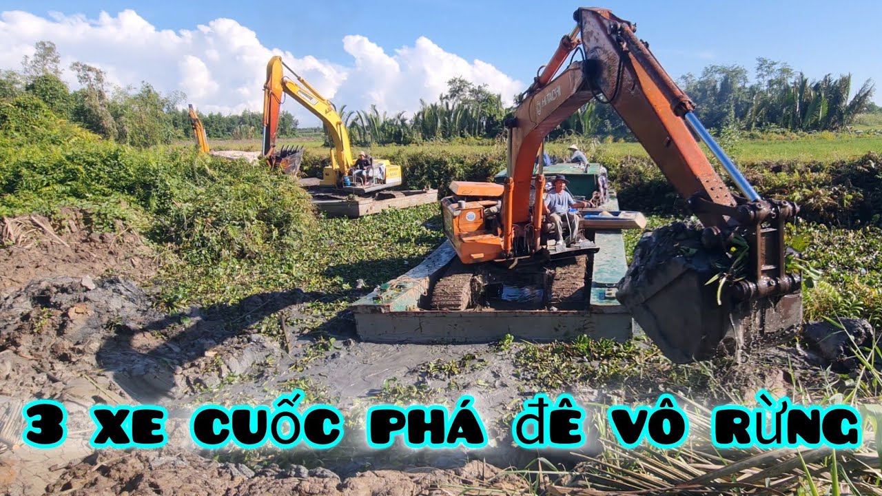 Cận cảnh 3 xe cuốc phá đê vô rừng tràm mỹ phước