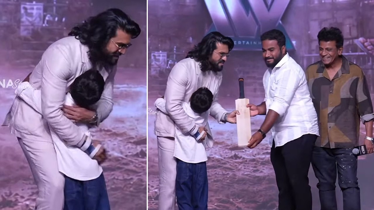 Ram Charan Cute Moment with a Boy @ #PEDDI Bangalore Press Meet