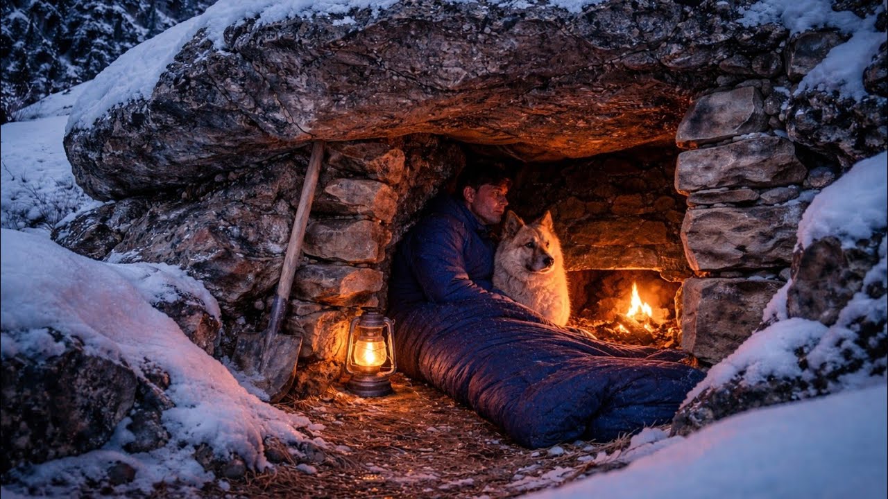 Winter Survival in a Stone Shelter with Fireplace | Alone in the Mountains with My Dog