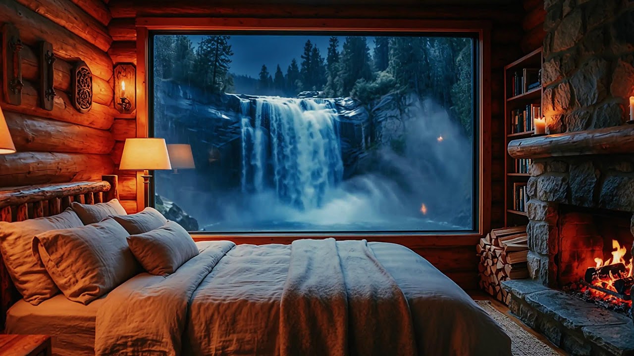 12 JAM:  Waterfall Cabin Ambience   & Crackling Fire for Deep Sleep