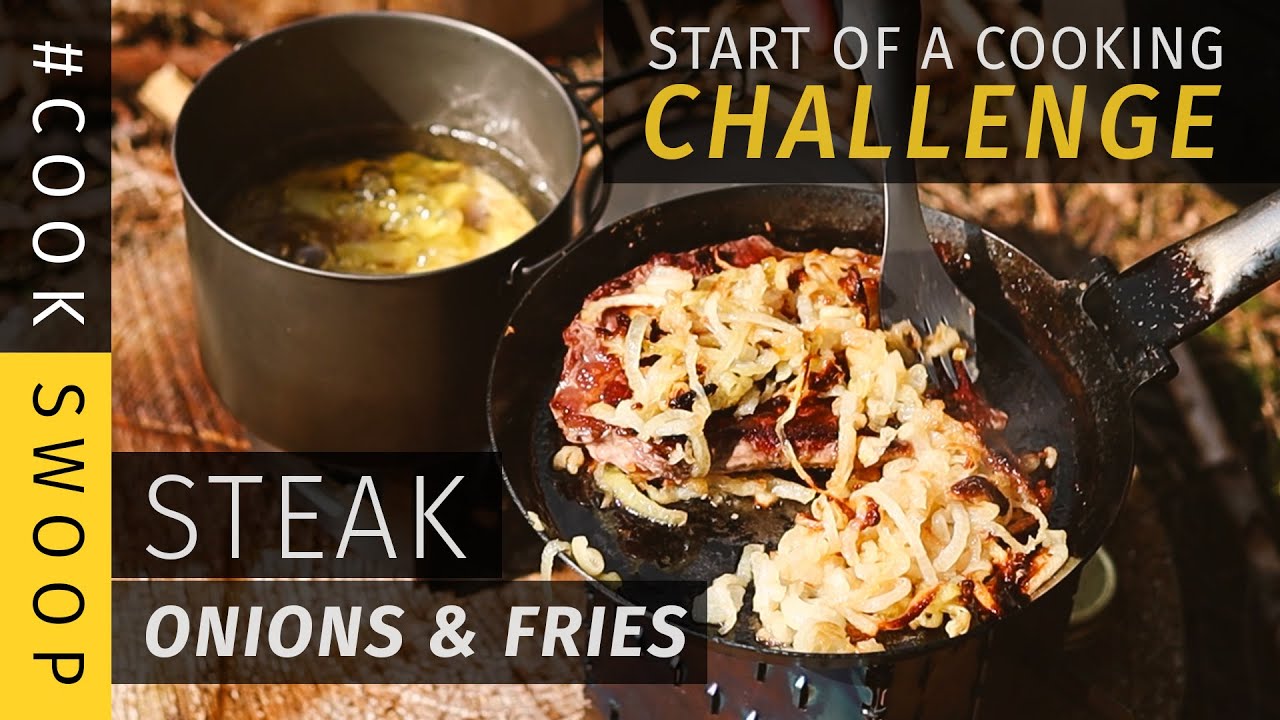 #cookswoop // Cook outdoors with Onions & Potatoes / Outdoor Cooking Challenge / Steak from iron pan