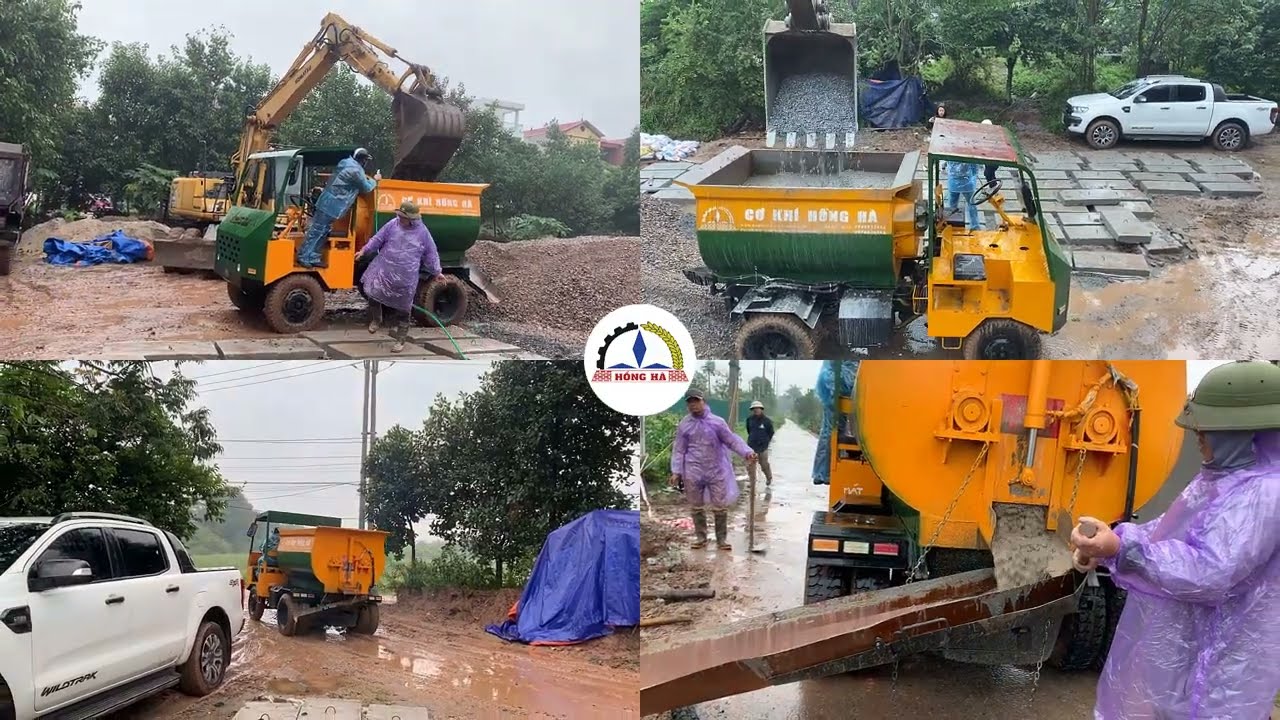 Vận hành thực tế xe trộn bê tông bồn ngang Hồng Hà 12 bao (2m3) tại Gia Lâm - Hà Nội