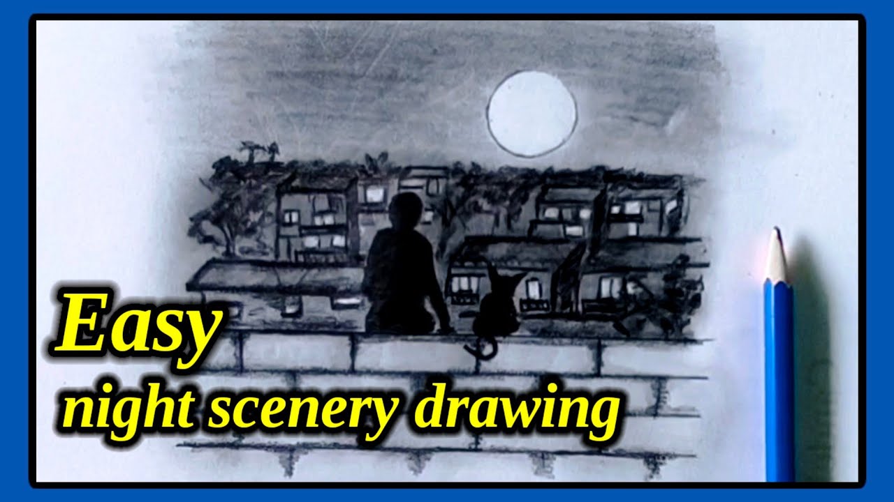 Easy Night Scenery Drawing for Beginners | Pencil Sketch Tutorial||✏️