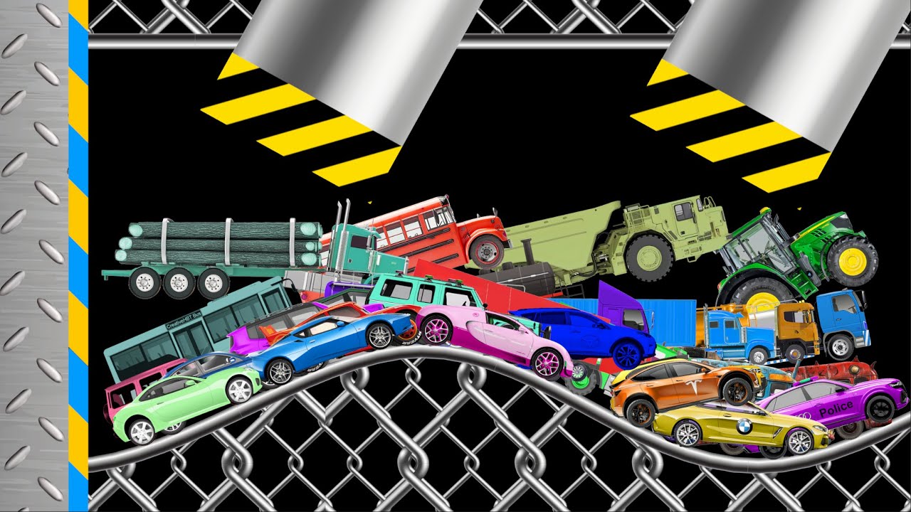 Car Tractor Bus - School Bus - Monster Bus AND TRuck Survival Race - Marble Race & Ragdoll Battle