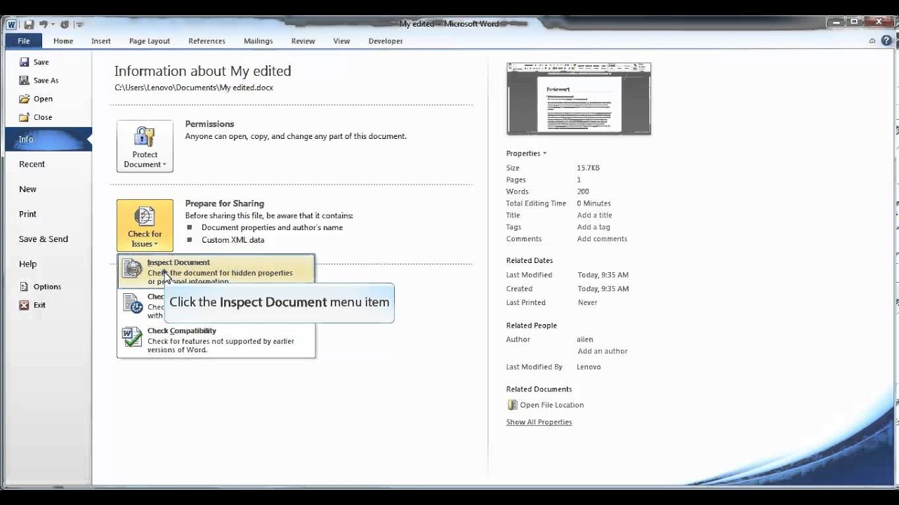ms word 2010 how to use document inspector demo