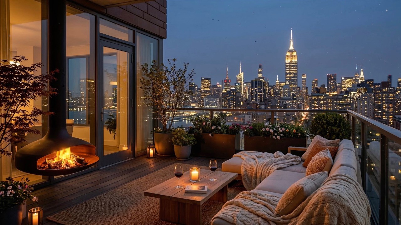 Spring Evening New York City Balcony Ambience to Sleep, Chill, Focus 😌🏙️🎧 (City, Fireplace Sound)