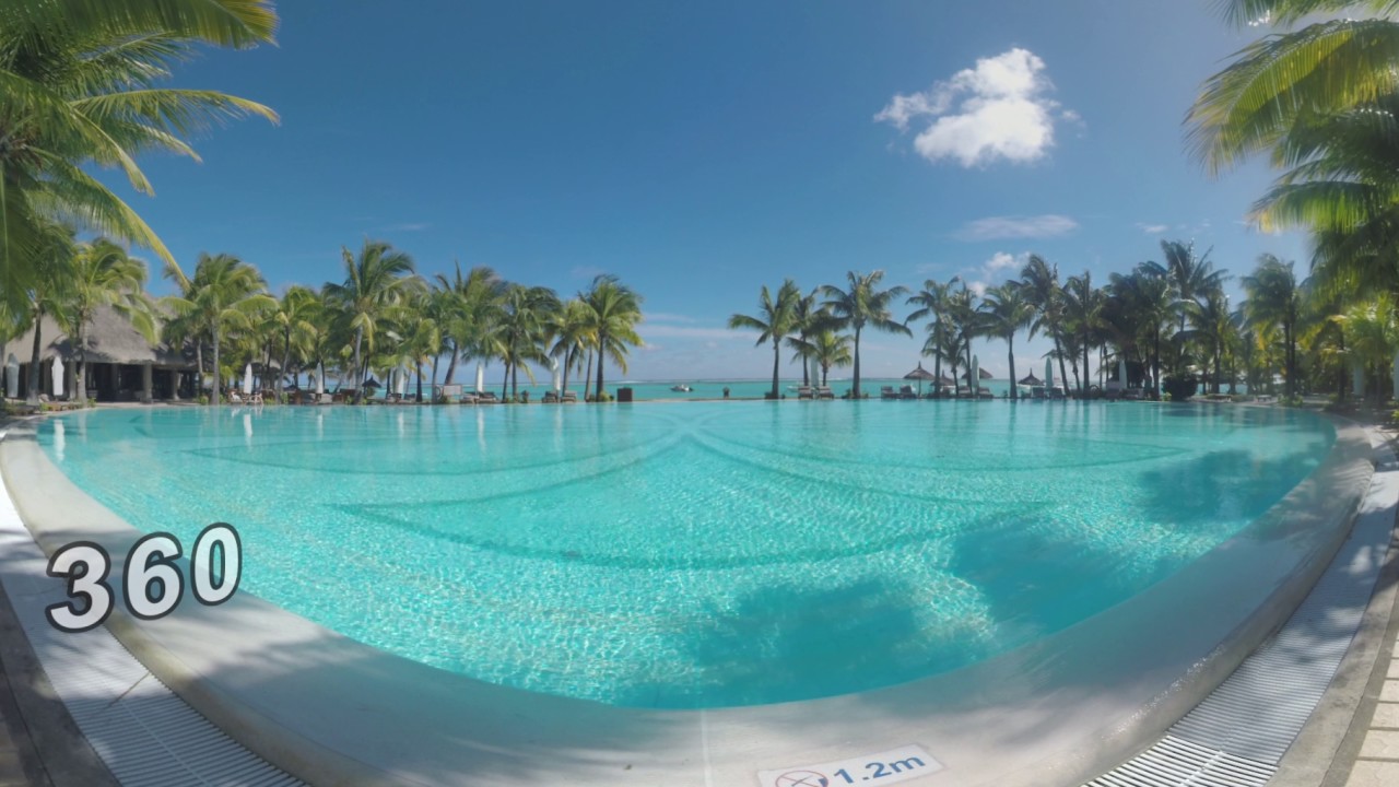 360 VR Scene of tropical resort with swimming pool and palms, Mauritius