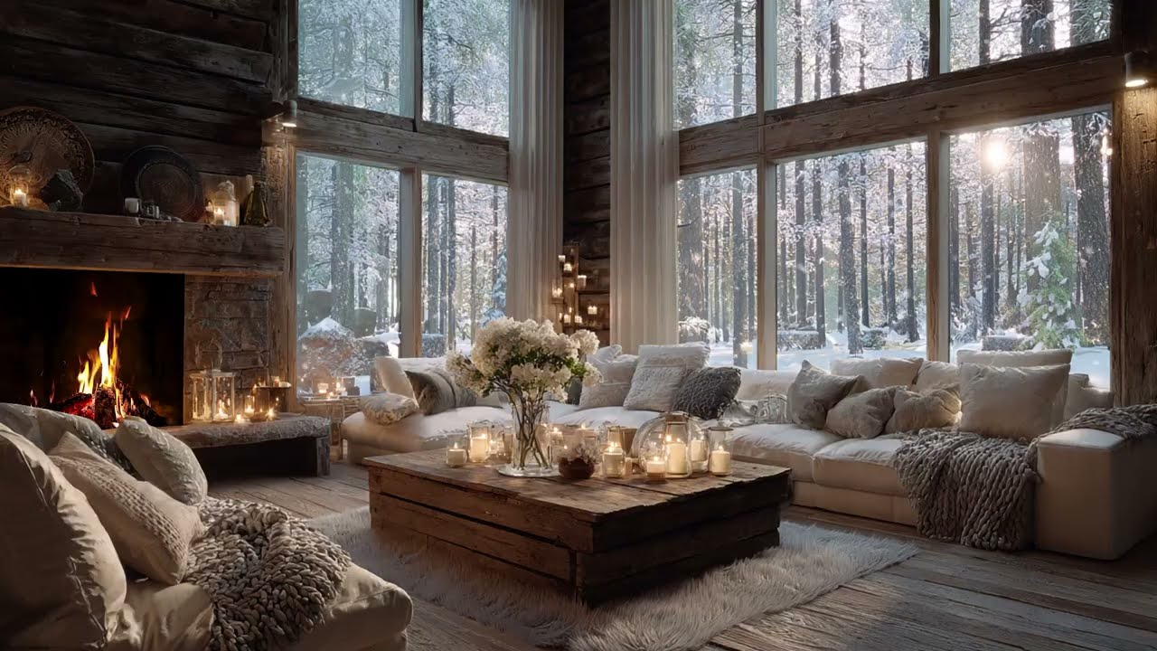 Heartwarming Piano Melodies: Snowy Cabin View and Warm Fireplace for a Peaceful Mind