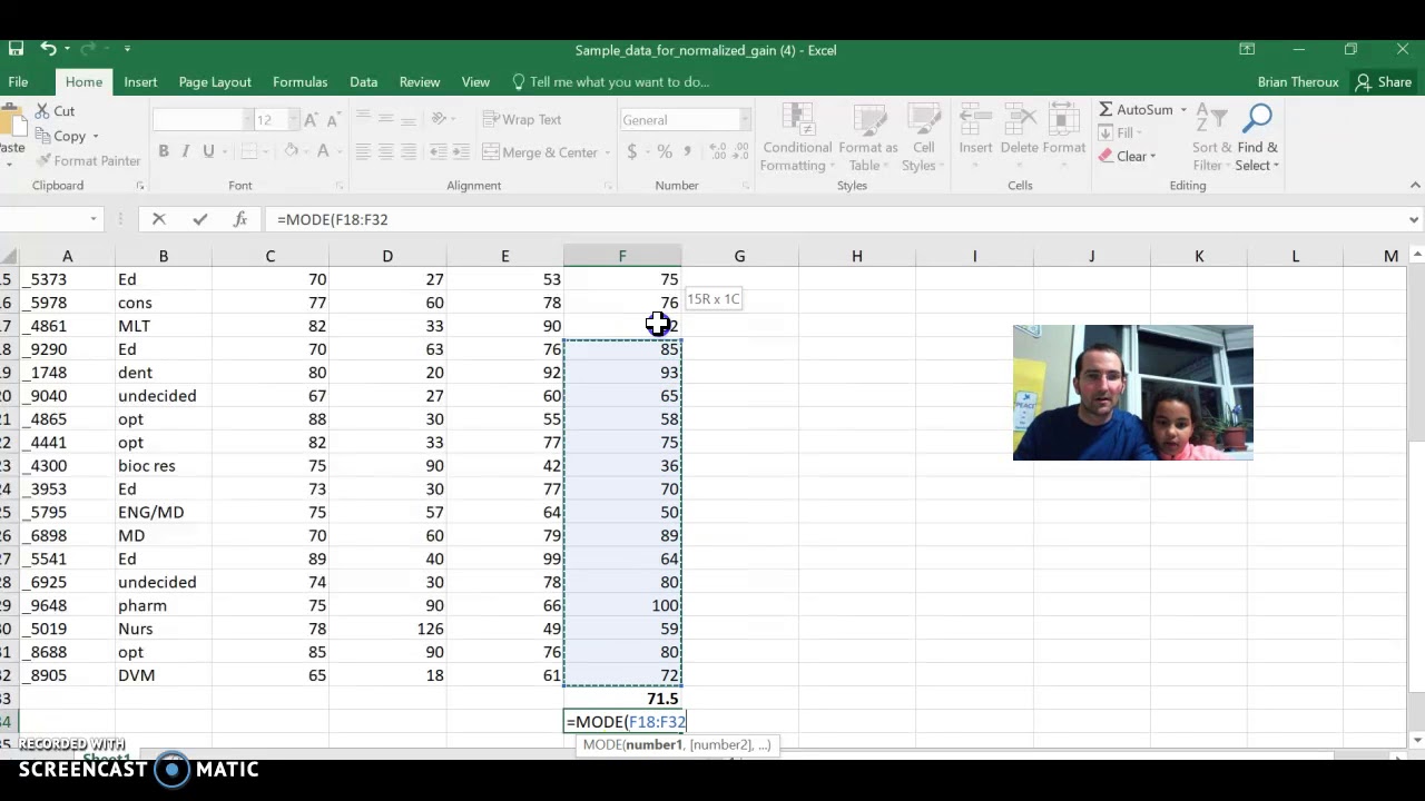 pre post test sample basic stats in excel