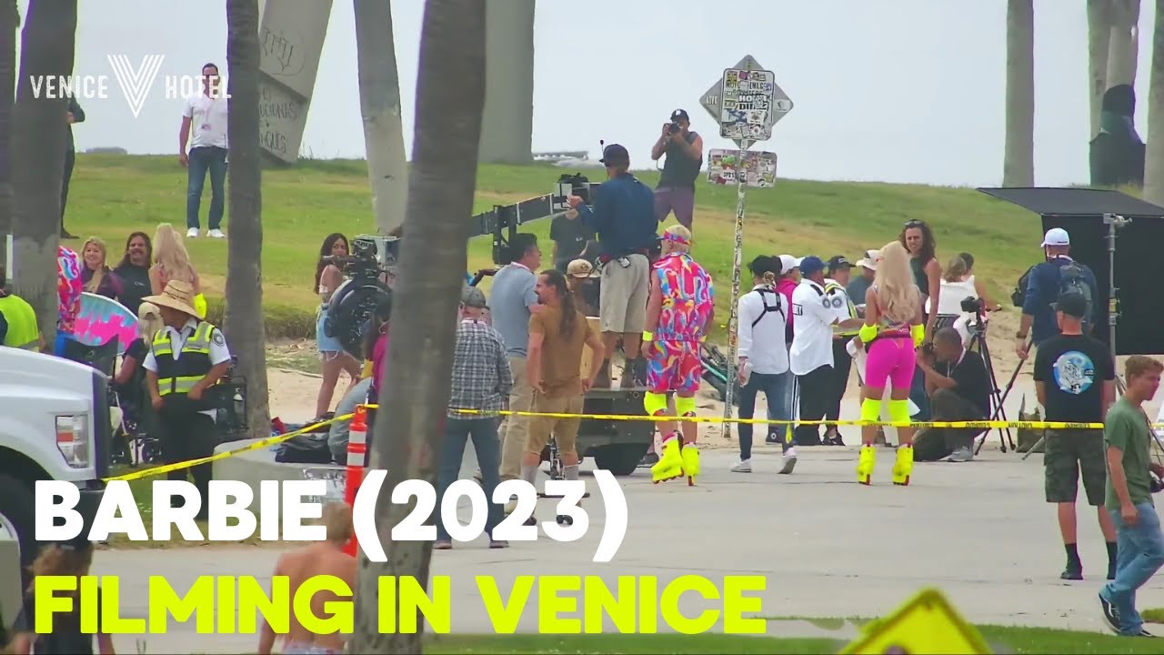 Barbie (2023) with Margot Robbie and Ryan Gosling being filmed on Venice Beach