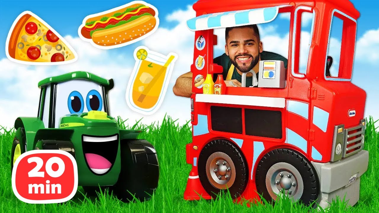 O quiosque do trator John Deere de brinquedo. V&iacute;deo infantil. Brincadeiras infantis.