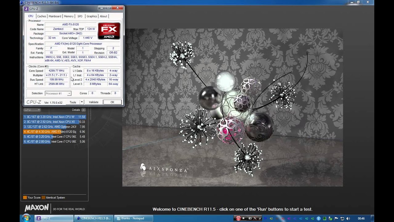 Cinebench R11.5 on CPU AMD FX 8120 @ 4.3 Ghz