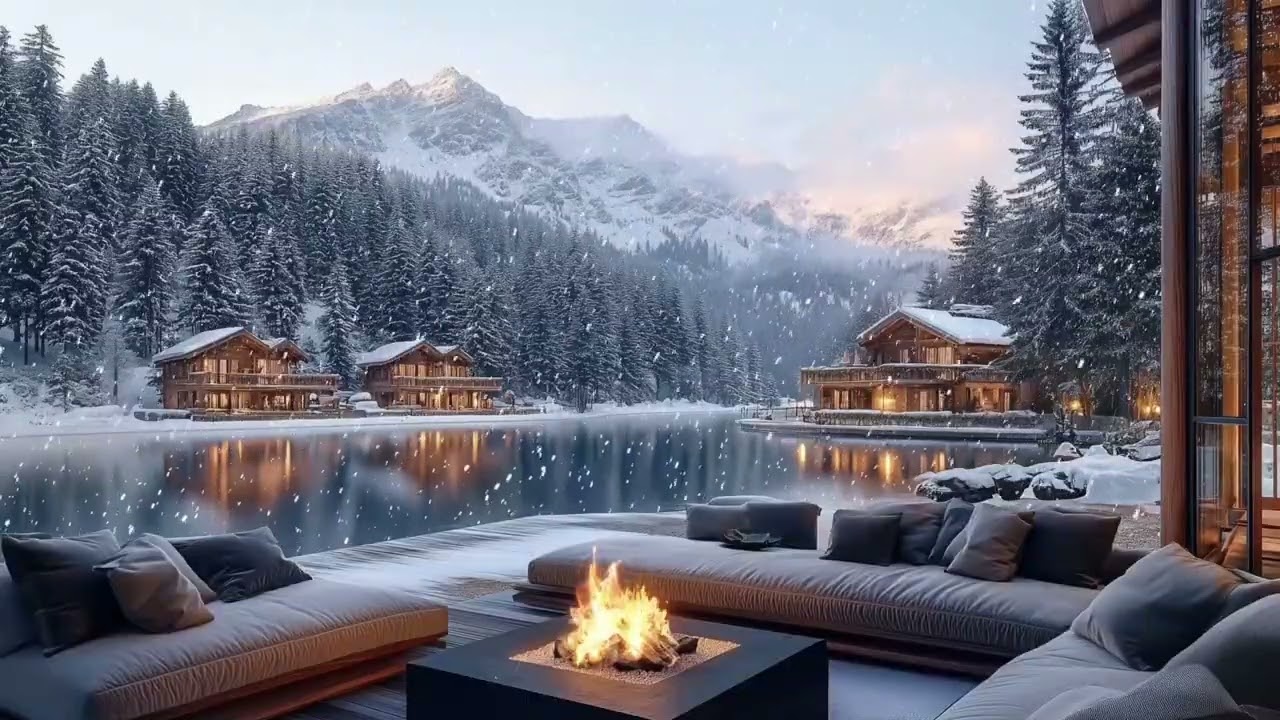 Cozy Winter Lakeside Ambience ❄️ Crackling Fire, Snowfall & Gentle Nature Sounds